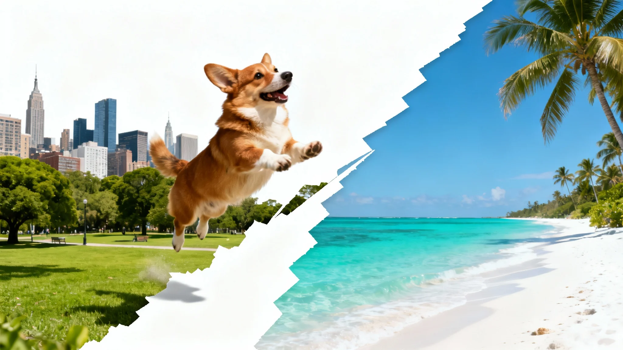A mockup illustrating photo cut and paste, featuring a Corgi being moved from an image of a park to an image of a beach, on a clean white background.