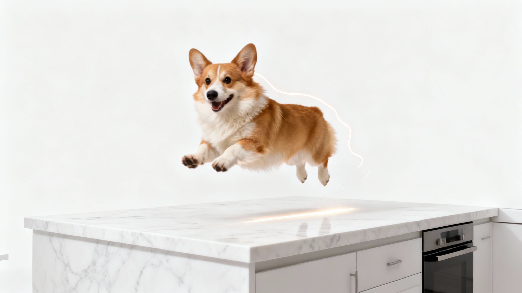 A photorealistic mockup illustrating the photo cut and paste feature, showing a jumping Corgi dog perfectly cut out and placed onto a modern kitchen countertop, creating a fun and surreal image.