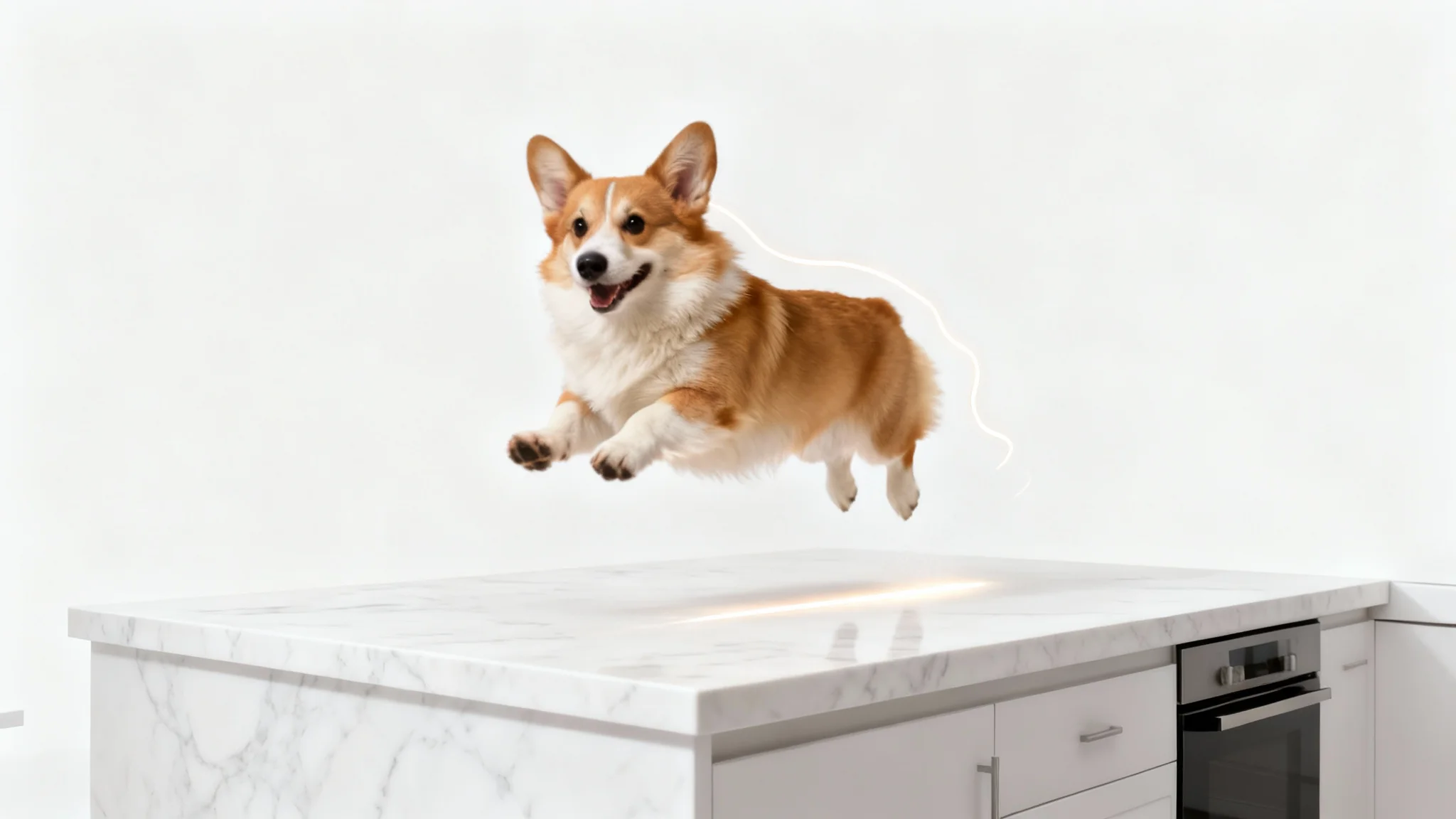 A photorealistic mockup illustrating the photo cut and paste feature, showing a jumping Corgi dog perfectly cut out and placed onto a modern kitchen countertop, creating a fun and surreal image.