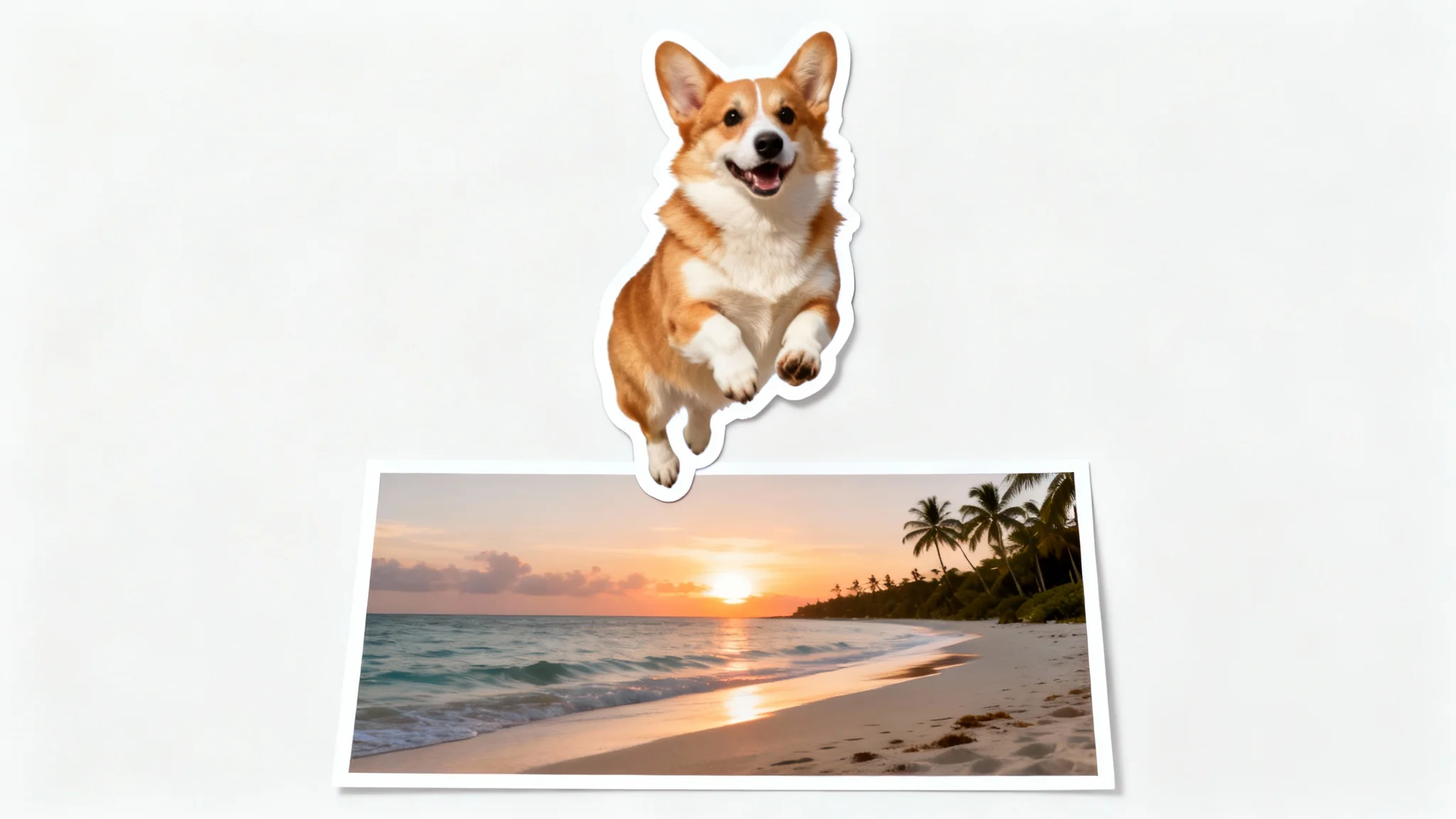 An image illustrating a photo cut and paste effect, showing a Corgi dog neatly cut out and pasted onto a tropical beach background, all set against a clean white backdrop.