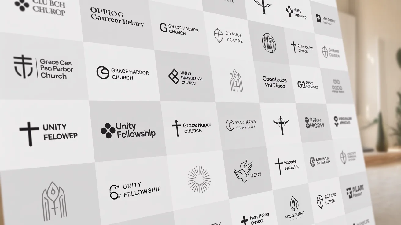 A collection of modern and professional church logos displayed in a clean grid, showcasing various designs like a stylized cross, a dove, and an abstract flame. Fictional church names are included, demonstrating the final output of a logo design tool.
