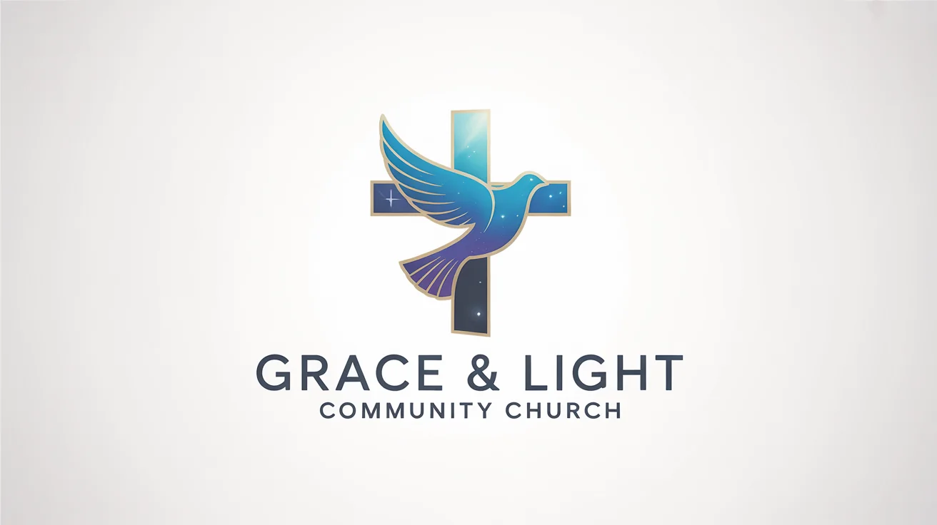 A modern logo for 'Grace & Light Community Church', featuring a blue and gold stylized cross and dove emblem on a white background.
