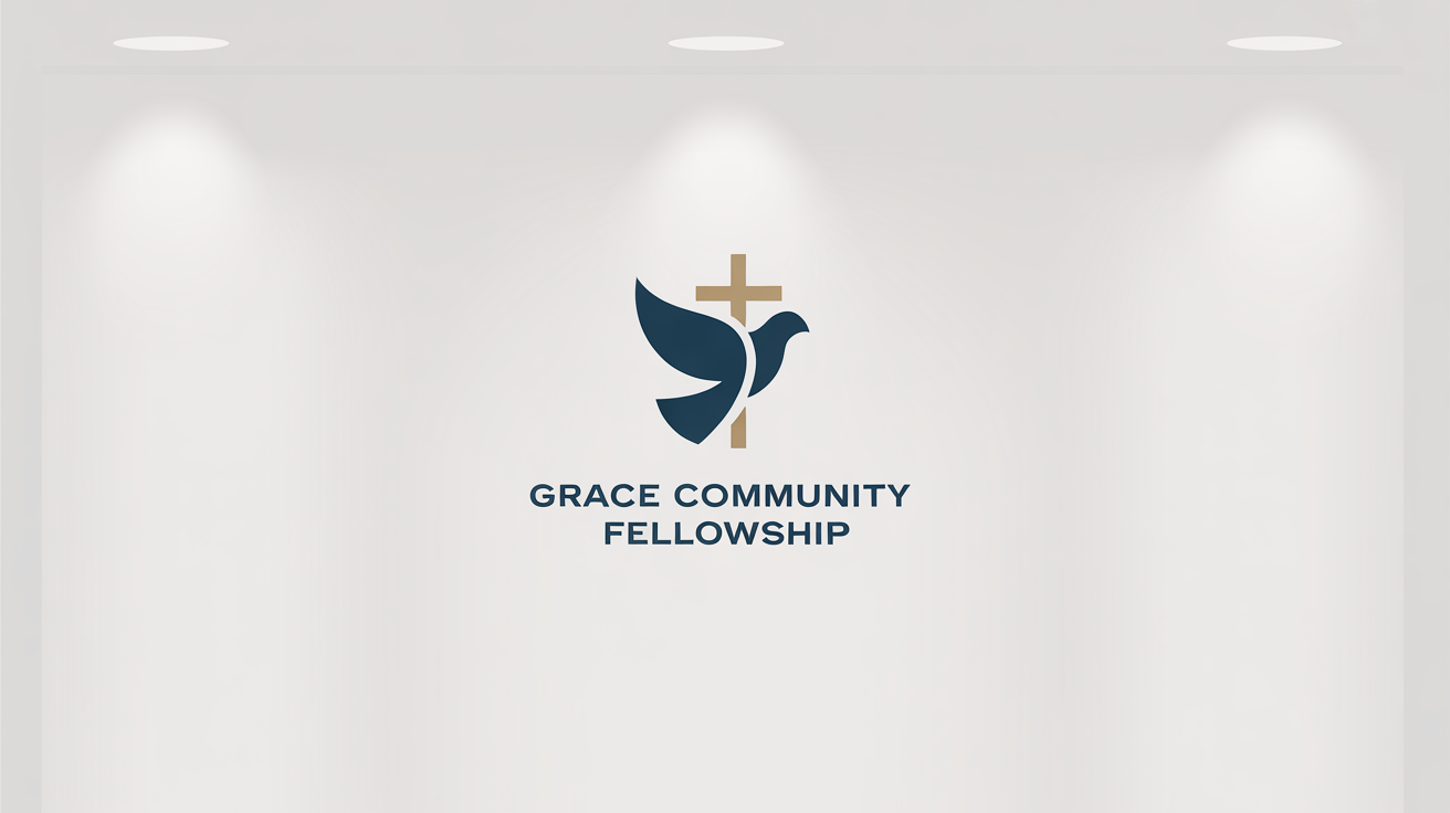 A modern logo for a church named 'Grace Community Fellowship' featuring a stylized dove and cross icon in navy blue and gold, on a clean white background.