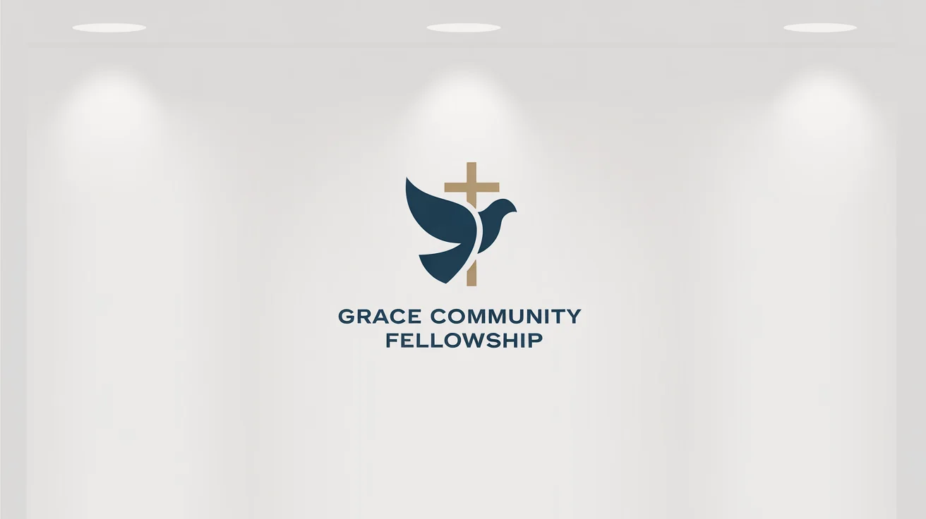 A modern logo for a church named 'Grace Community Fellowship' featuring a stylized dove and cross icon in navy blue and gold, on a clean white background.