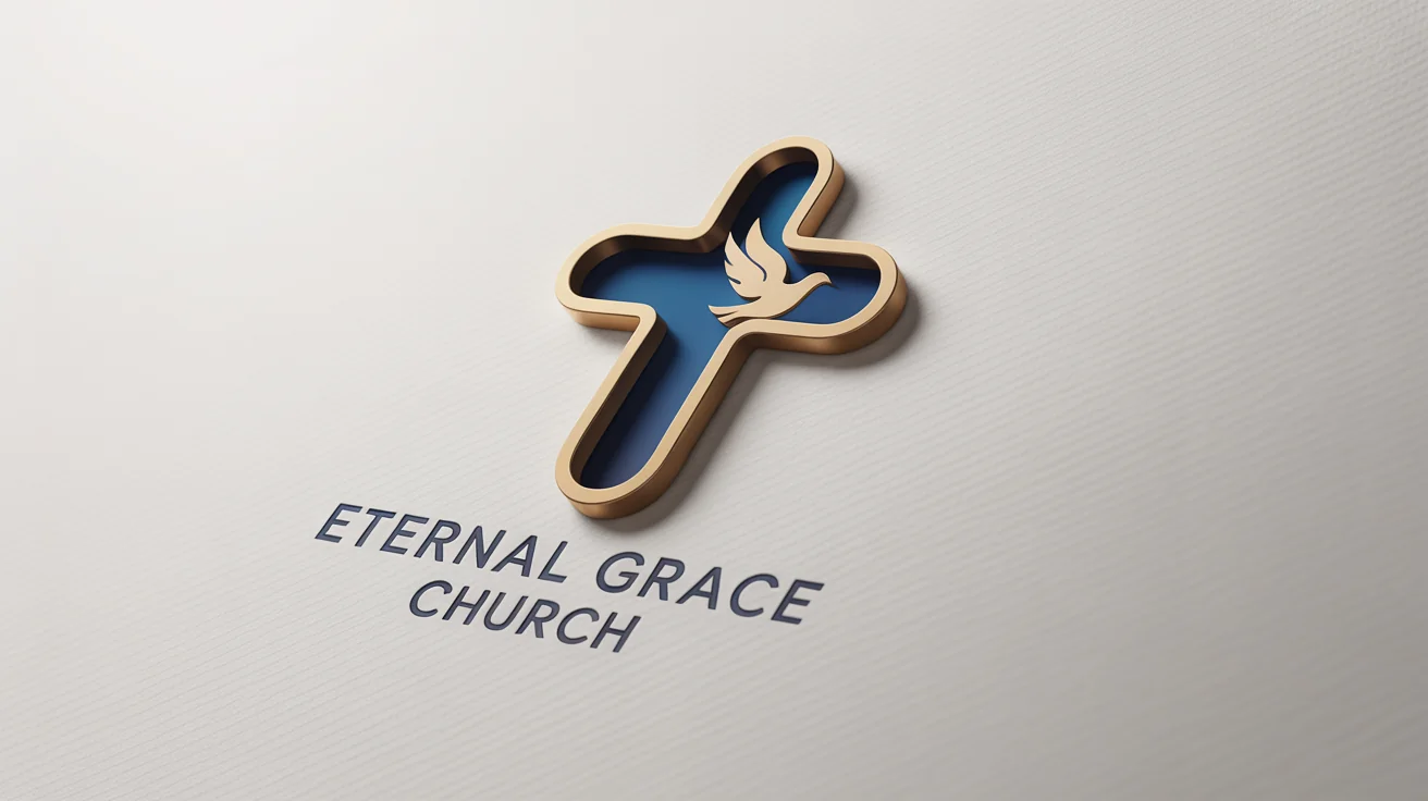 A modern logo for 'Eternal Grace Church' featuring a stylized blue and gold cross and dove icon, displayed on a clean white background.