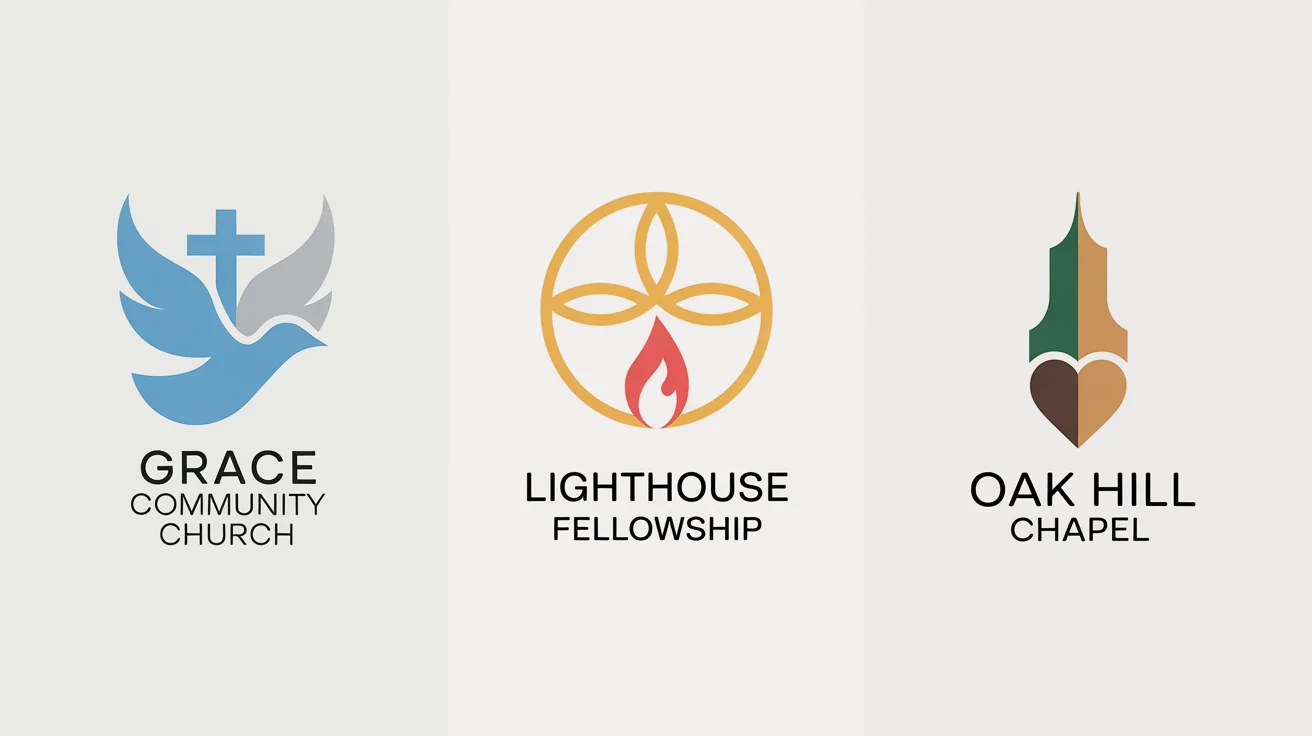 Three professionally designed church logos showcased on a white background. Each logo features a unique symbol—a dove and cross, a fish and flame, and a steeple with a heart—and a fictional church name.