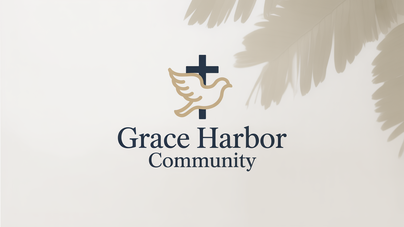 A modern church logo for 'Grace Harbor Community', featuring a gold and navy blue icon that combines a cross and a dove. The logo is displayed on a plain white background.