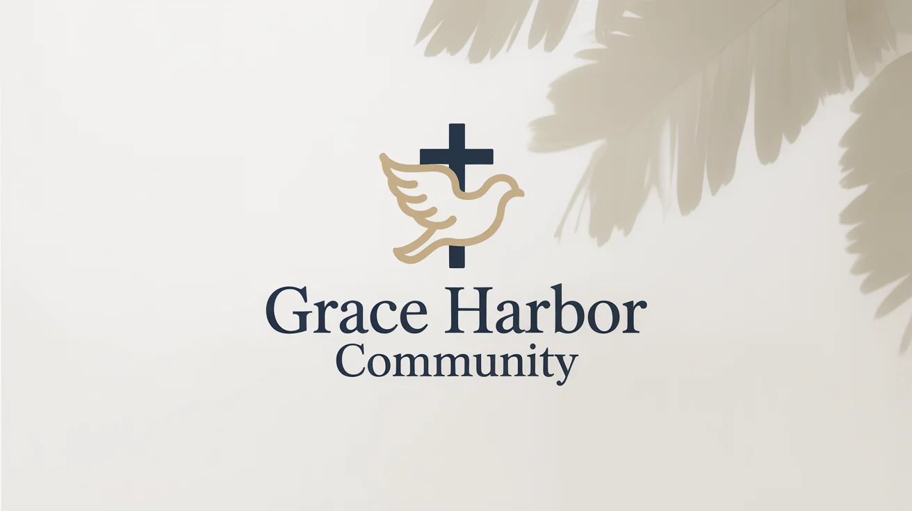 A modern church logo for 'Grace Harbor Community', featuring a gold and navy blue icon that combines a cross and a dove. The logo is displayed on a plain white background.