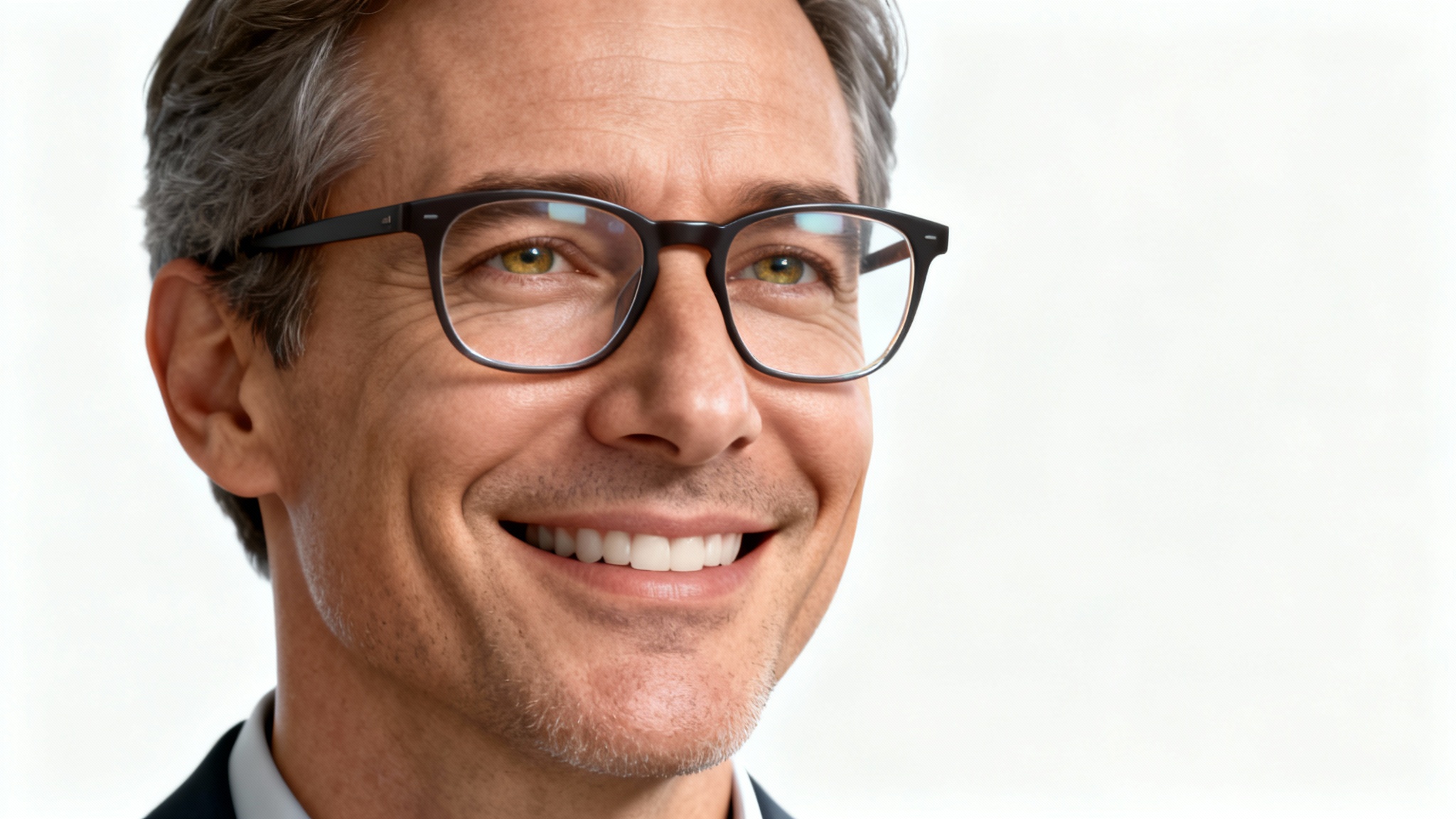 A close-up professional headshot of a man wearing glasses with perfectly clear lenses, completely free of any reflections or glare, set against a solid white background.