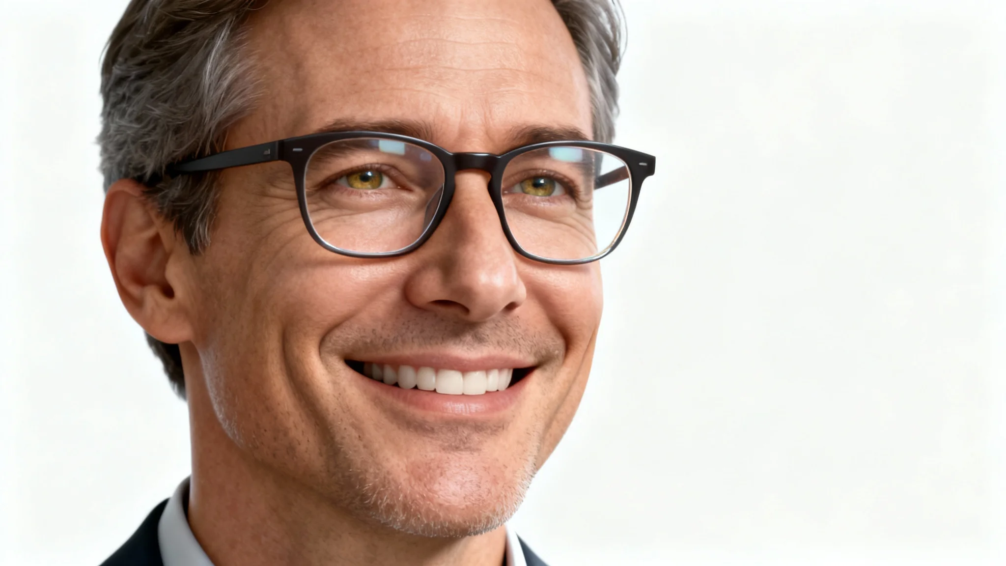 A close-up professional headshot of a man wearing glasses with perfectly clear lenses, completely free of any reflections or glare, set against a solid white background.