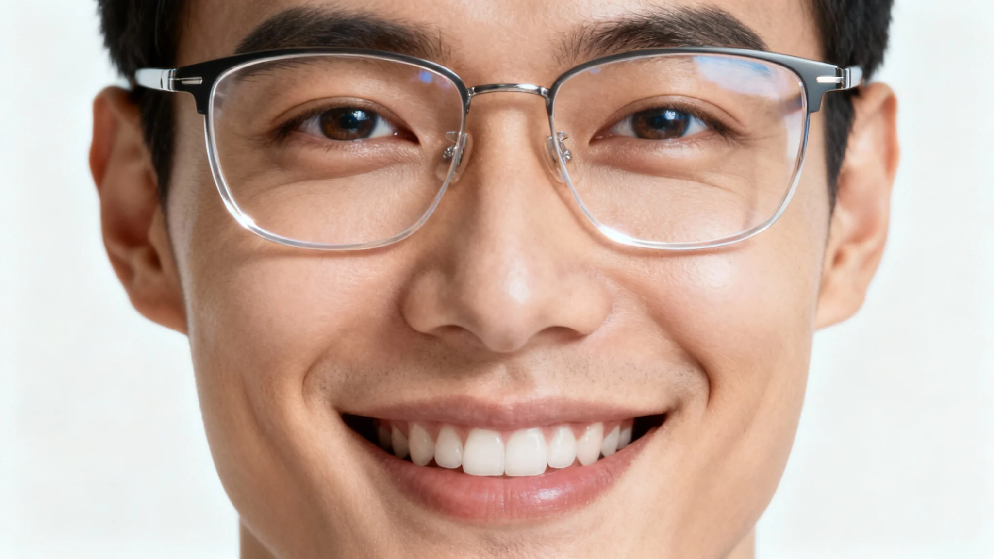 A close-up studio photograph of a person wearing glasses with perfectly clear lenses, free of any reflections or glare, showcasing their eyes clearly.