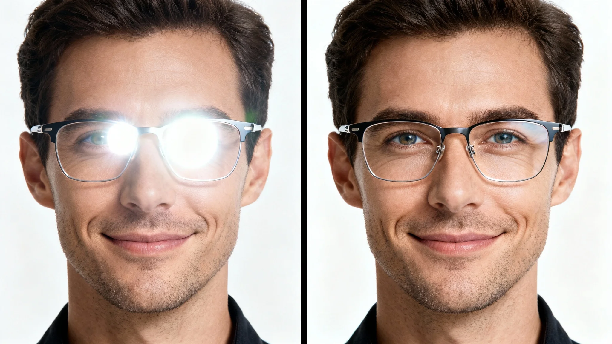 A before-and-after image showing a man wearing glasses. The left side shows his glasses with a strong, distracting reflection, and the right side shows his glasses perfectly clear with no reflection.
