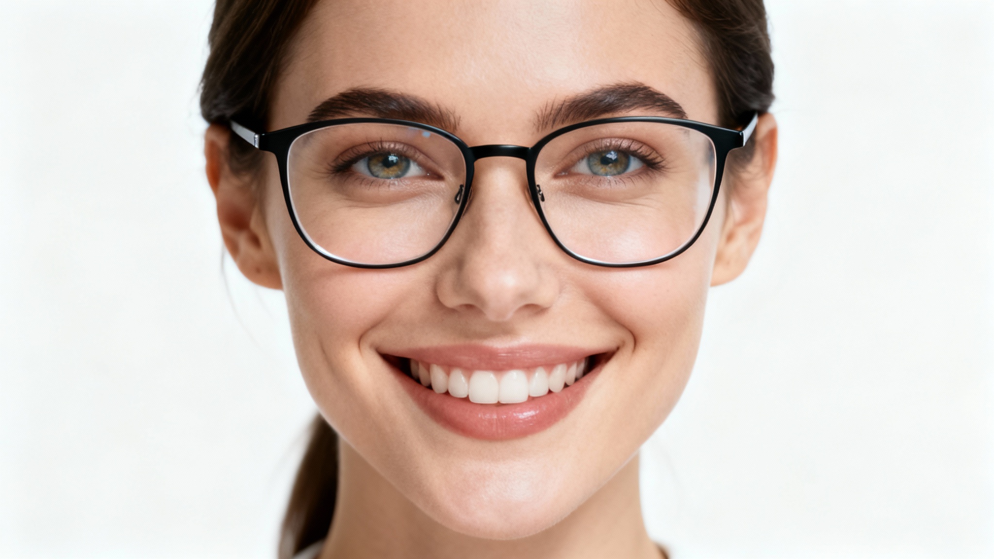 A professional headshot of a smiling woman wearing glasses with perfectly clear lenses, completely free of any reflections or glare, showcasing her eyes clearly.
