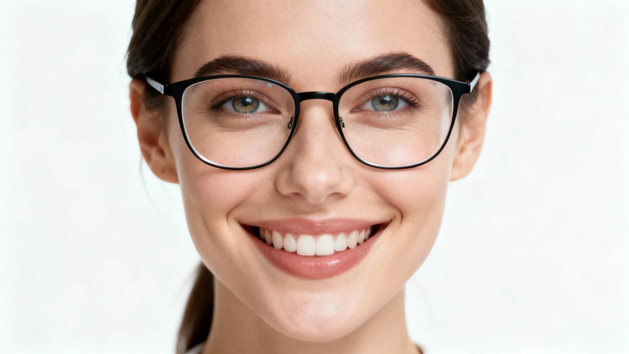 A professional headshot of a smiling woman wearing glasses with perfectly clear lenses, completely free of any reflections or glare, showcasing her eyes clearly.