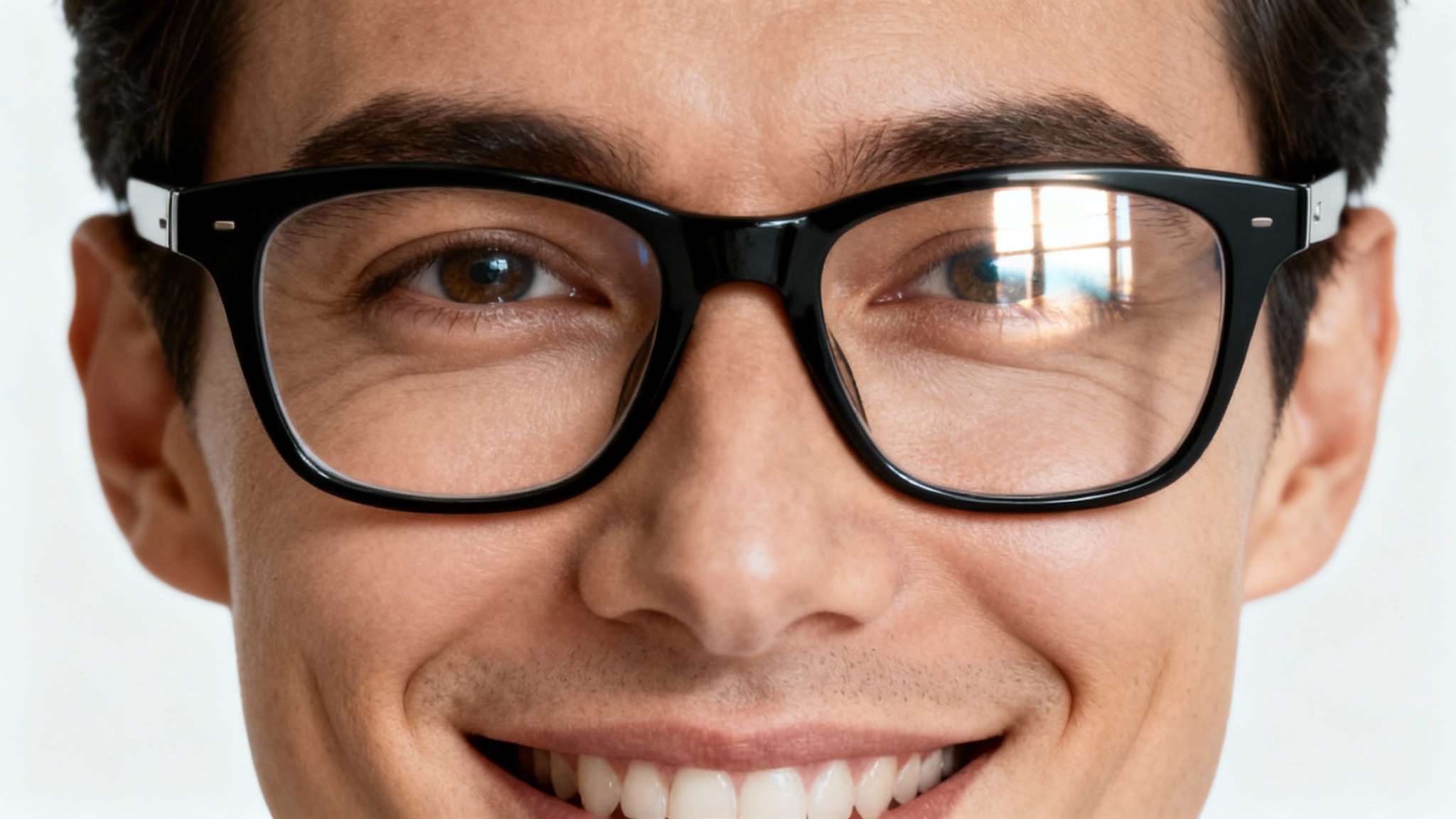 A close-up portrait of a person wearing glasses. One lens is perfectly clear, showing their eye, while the other lens has a strong, distracting reflection, illustrating the concept of removing glare.