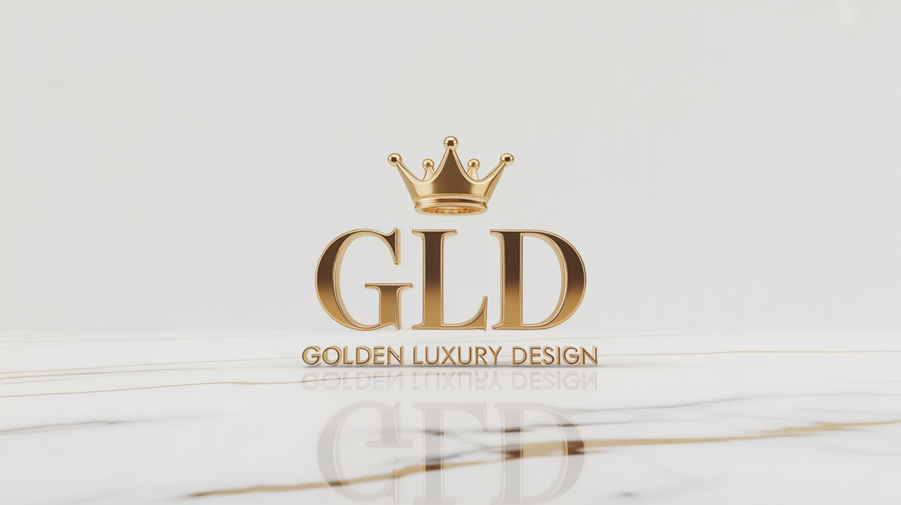 The final result of a logo background tool, showing a luxurious 3D gold logo for 'Golden Luxury Design' placed on a polished white marble surface with gold veins.