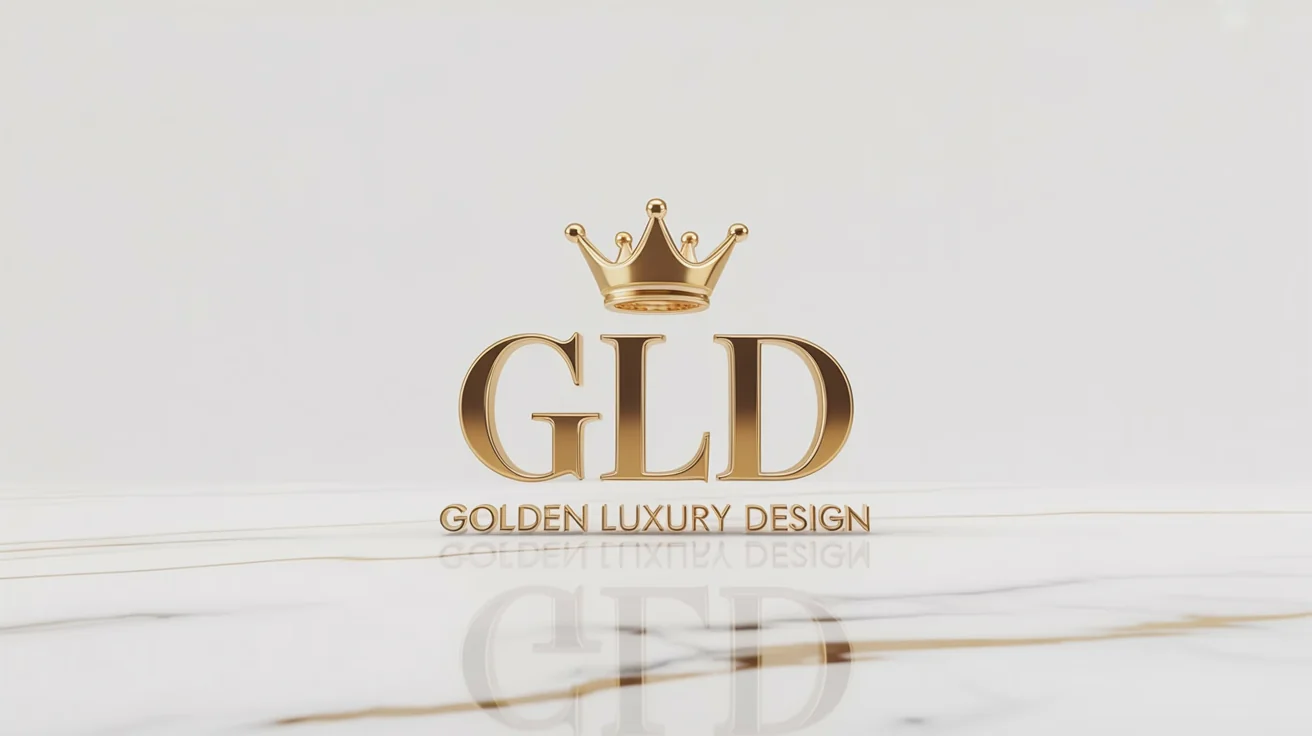 The final result of a logo background tool, showing a luxurious 3D gold logo for 'Golden Luxury Design' placed on a polished white marble surface with gold veins.