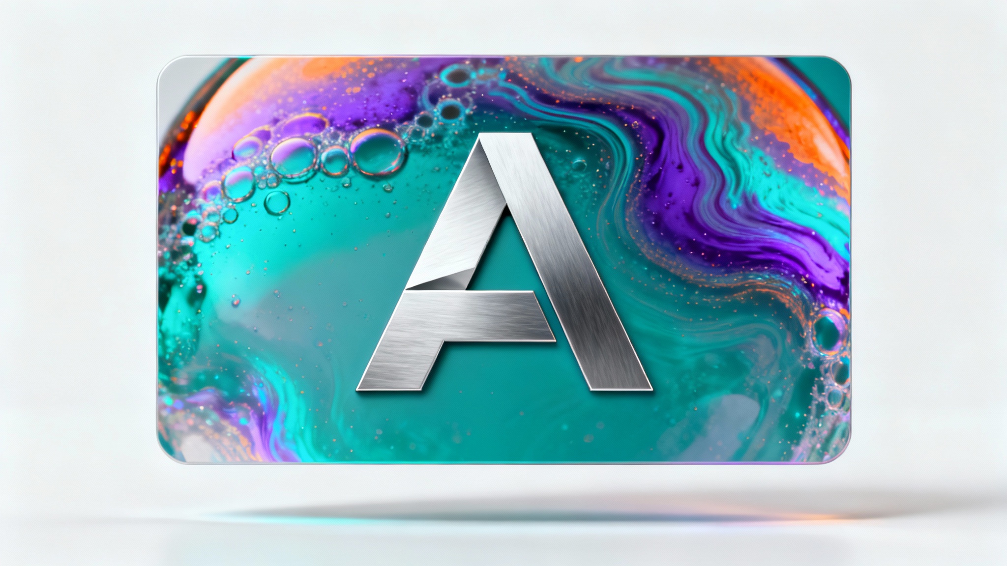 A modern, silver, geometric 'A' logo displayed on a vibrant, iridescent background with swirls of teal, purple, and orange, presented as a mockup on a clean white surface.