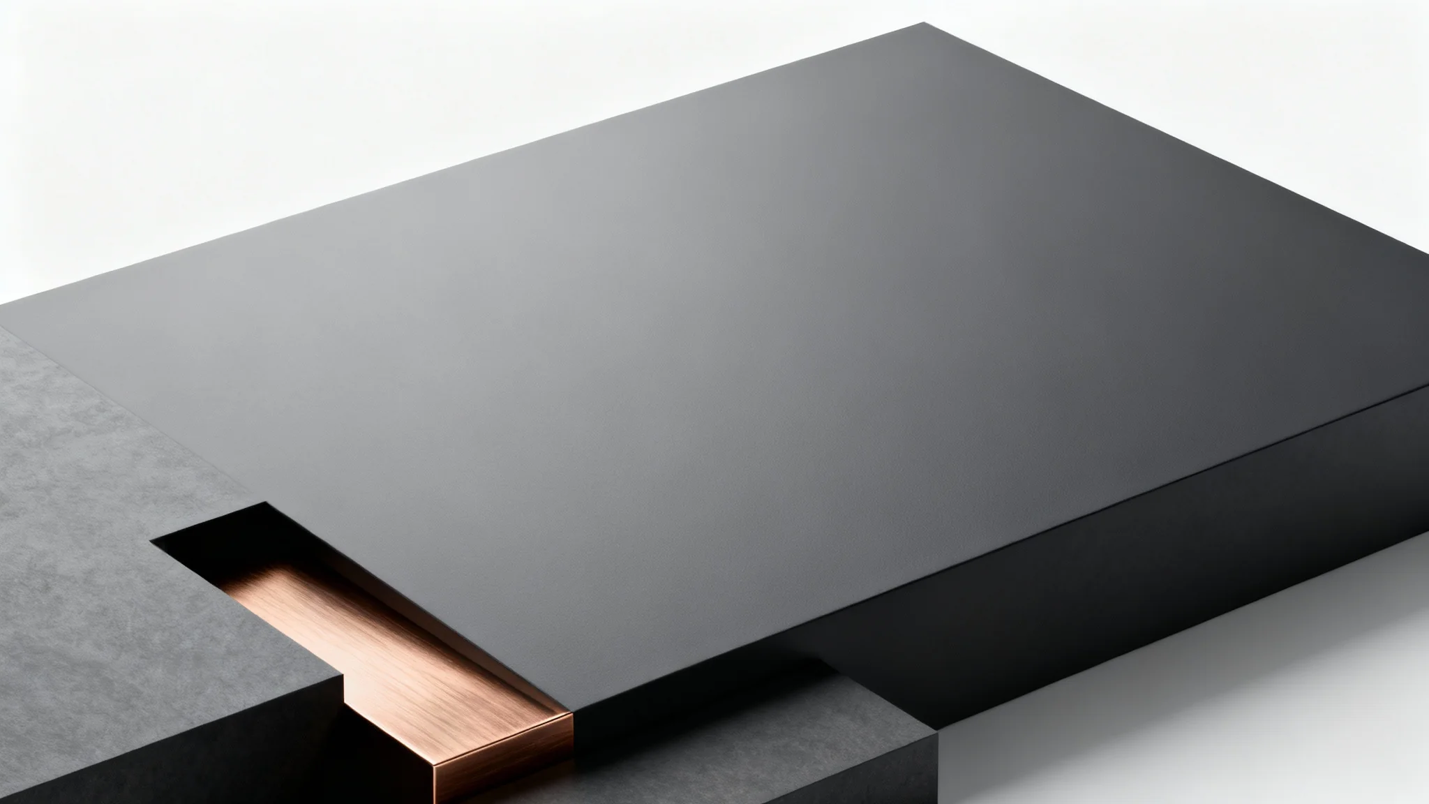 A sophisticated 3D rendered logo background featuring a large, smooth dark gray area for text, accented by a subtle brushed bronze element, all on a white background.