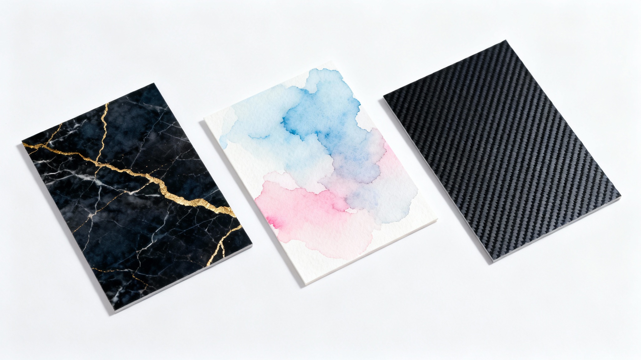 A collection of three rectangular logo background samples on a white surface, featuring dark marble with gold, a pastel watercolor wash, and a dark carbon fiber texture, representing professional branding options.