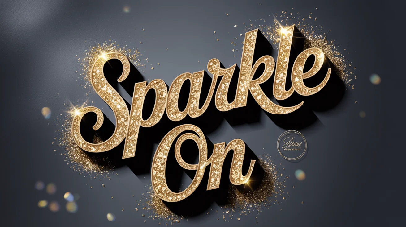 A wide 16:9 digital hero banner with the words 'SPARKLE ON' in a script font made of realistic gold glitter, set against a dark background with floating sparkle effects.