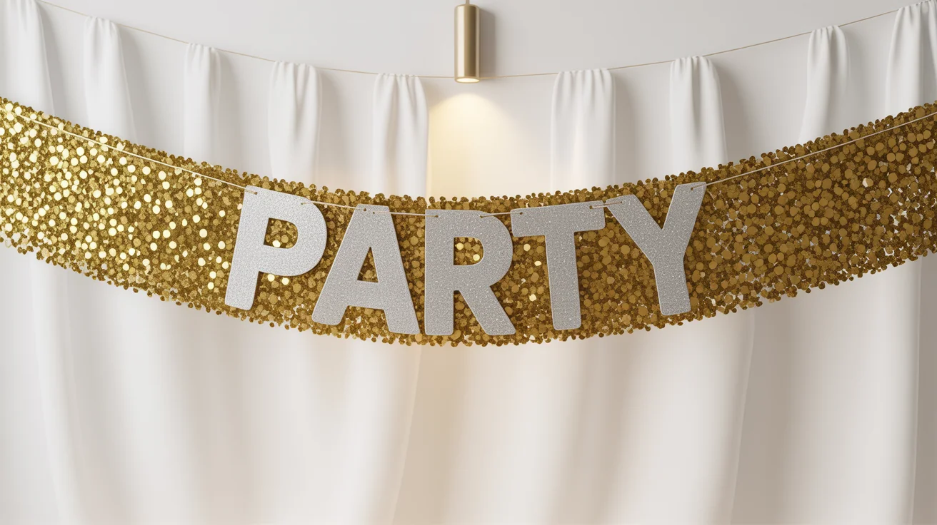 A festive banner covered in gold glitter with the word 'PARTY' in silver glitter, shown as a mockup against a clean white background.