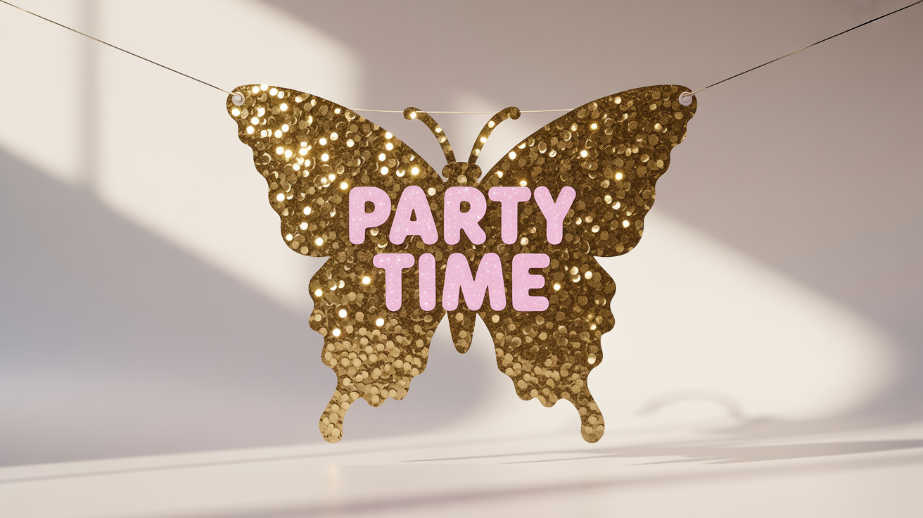 A mockup of a gold glitter banner with the words 'Party Time' written in pink glitter, hanging against a clean white background.