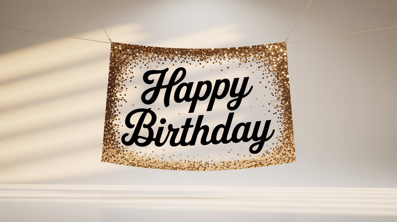 A close-up of a festive gold glitter banner with the words 'Happy Birthday' written in elegant black script, set against a clean white background.