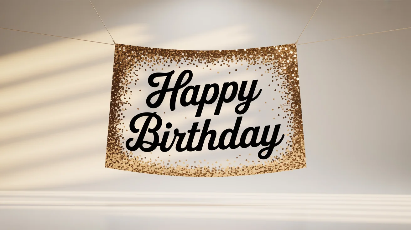 A close-up of a festive gold glitter banner with the words 'Happy Birthday' written in elegant black script, set against a clean white background.