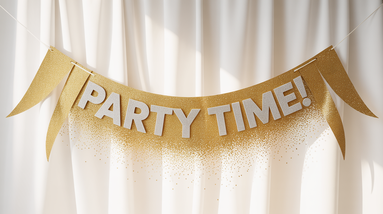 A close-up of a festive gold glitter banner with the words 'Party Time!' written in silver glitter, set against a clean white background.