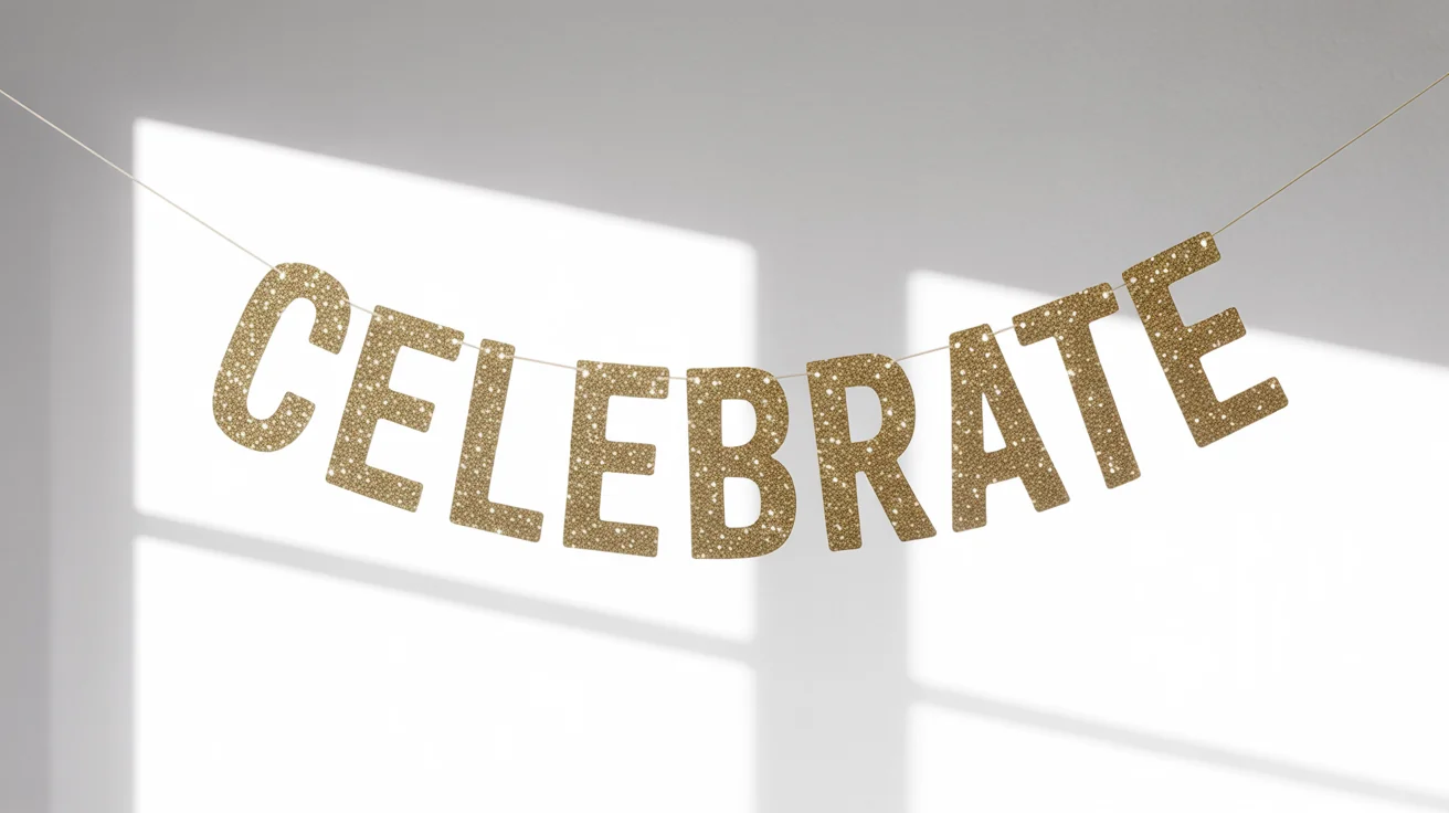 A photorealistic mockup of a gold glitter banner with the word 'CELEBRATE' in a bold font, hanging against a white background.