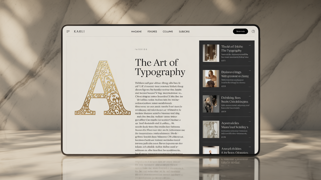 A close-up of a digital magazine page featuring a large, ornate gold drop cap letter 'A' at the start of a paragraph of text, demonstrating a finished typography design.