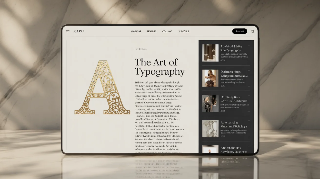 A close-up of a digital magazine page featuring a large, ornate gold drop cap letter 'A' at the start of a paragraph of text, demonstrating a finished typography design.