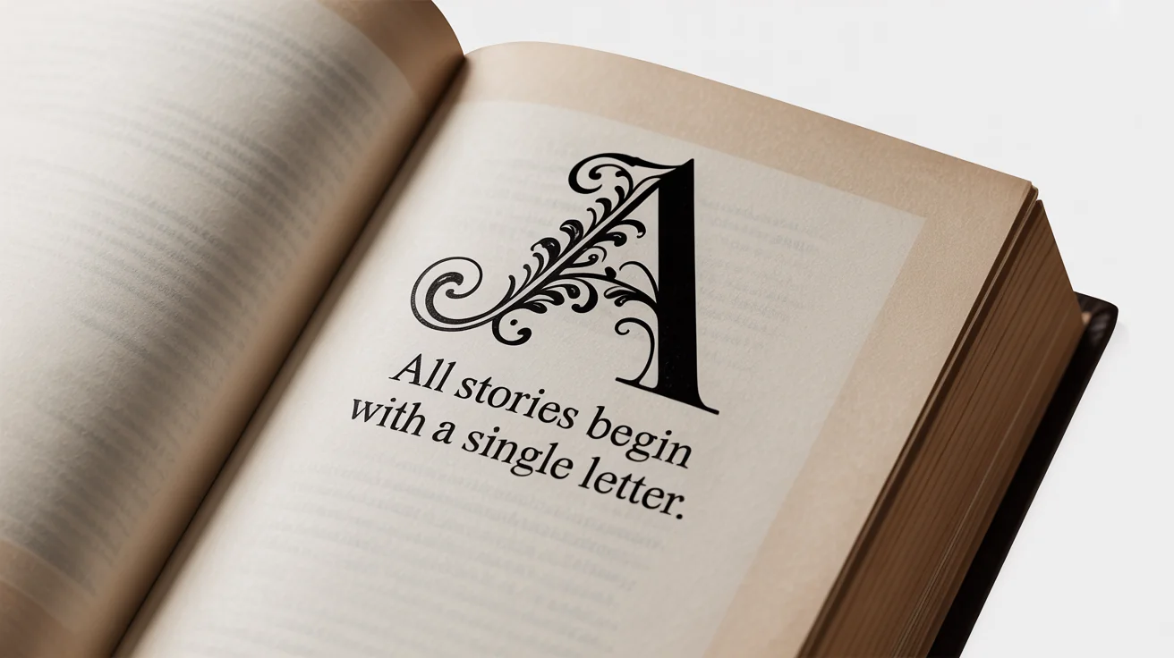 A close-up image of a book page featuring a large, ornate drop cap of the letter 'A' at the start of a paragraph, set against a clean white background.