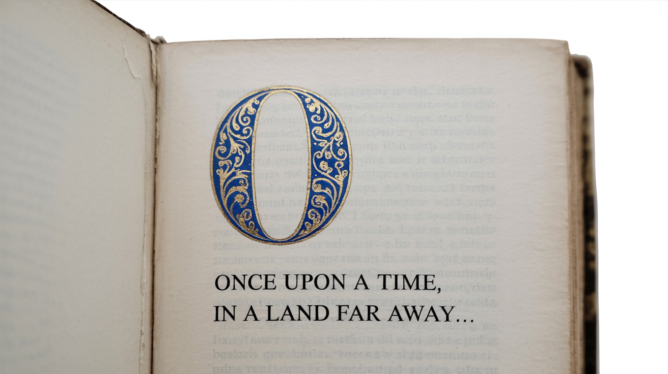 A close-up of a page from a book showing a beautifully decorated drop cap letter 'O' in blue and gold at the beginning of a paragraph, set against a clean white background.