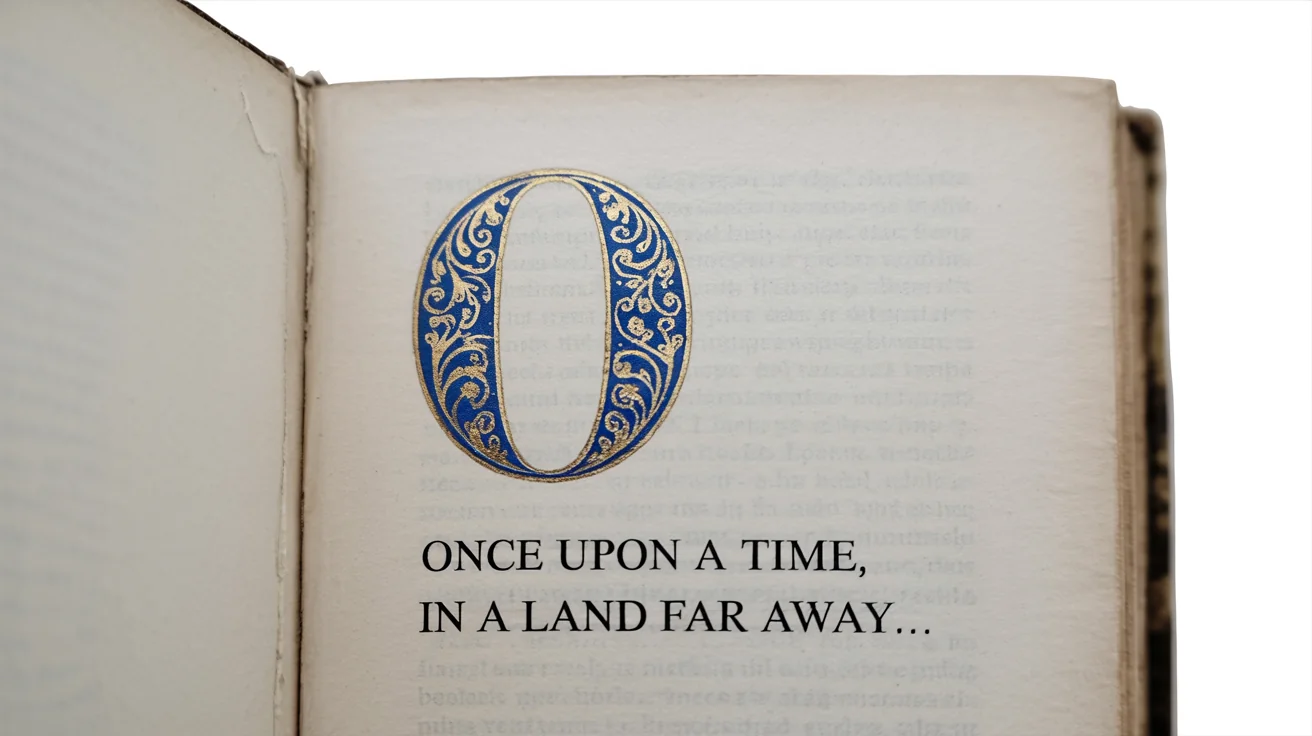 A close-up of a page from a book showing a beautifully decorated drop cap letter 'O' in blue and gold at the beginning of a paragraph, set against a clean white background.