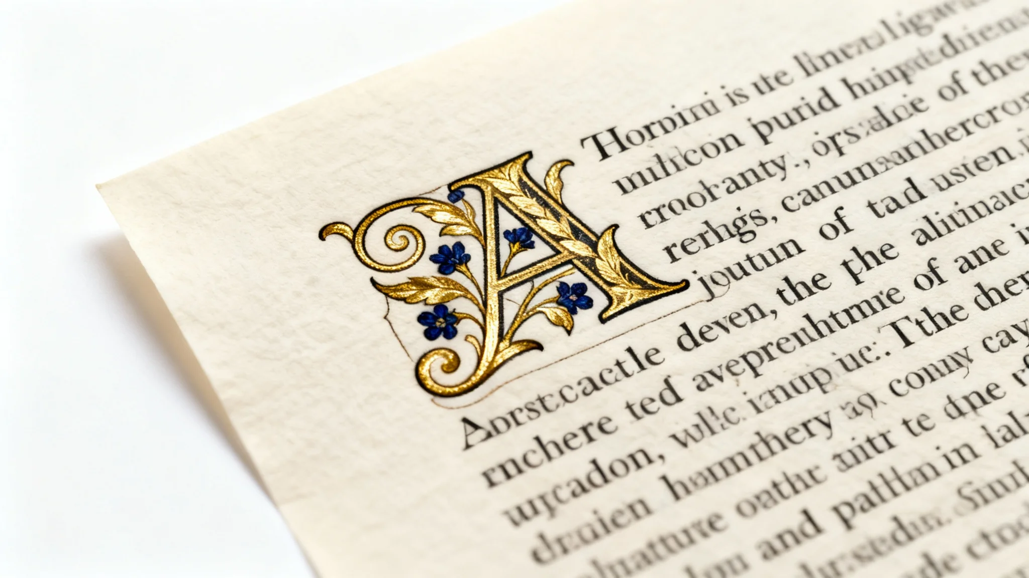 A photorealistic close-up of an ornate, illuminated drop cap letter 'A' with gold leaf details, at the beginning of a paragraph on textured cream paper, set against a clean white background.