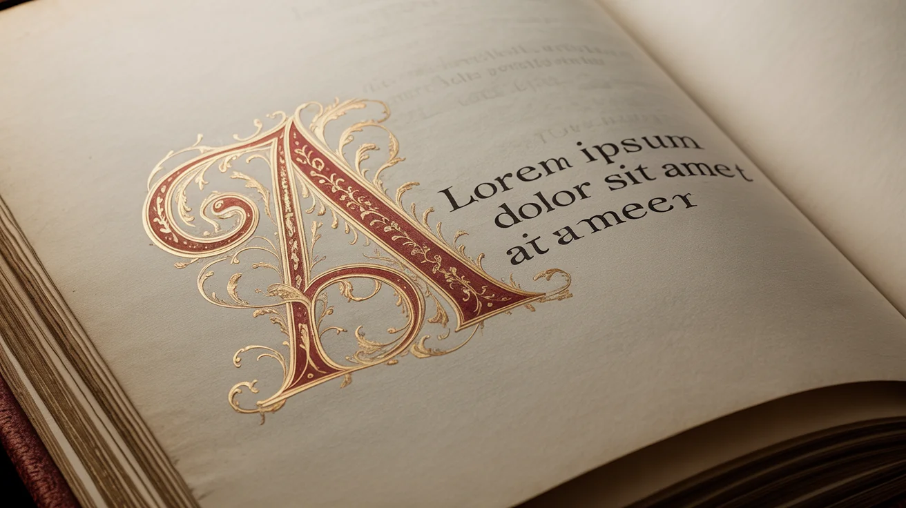 An elegant, ornate drop cap letter 'A' with gold and red details, shown at the beginning of a paragraph on a book page against a white background.