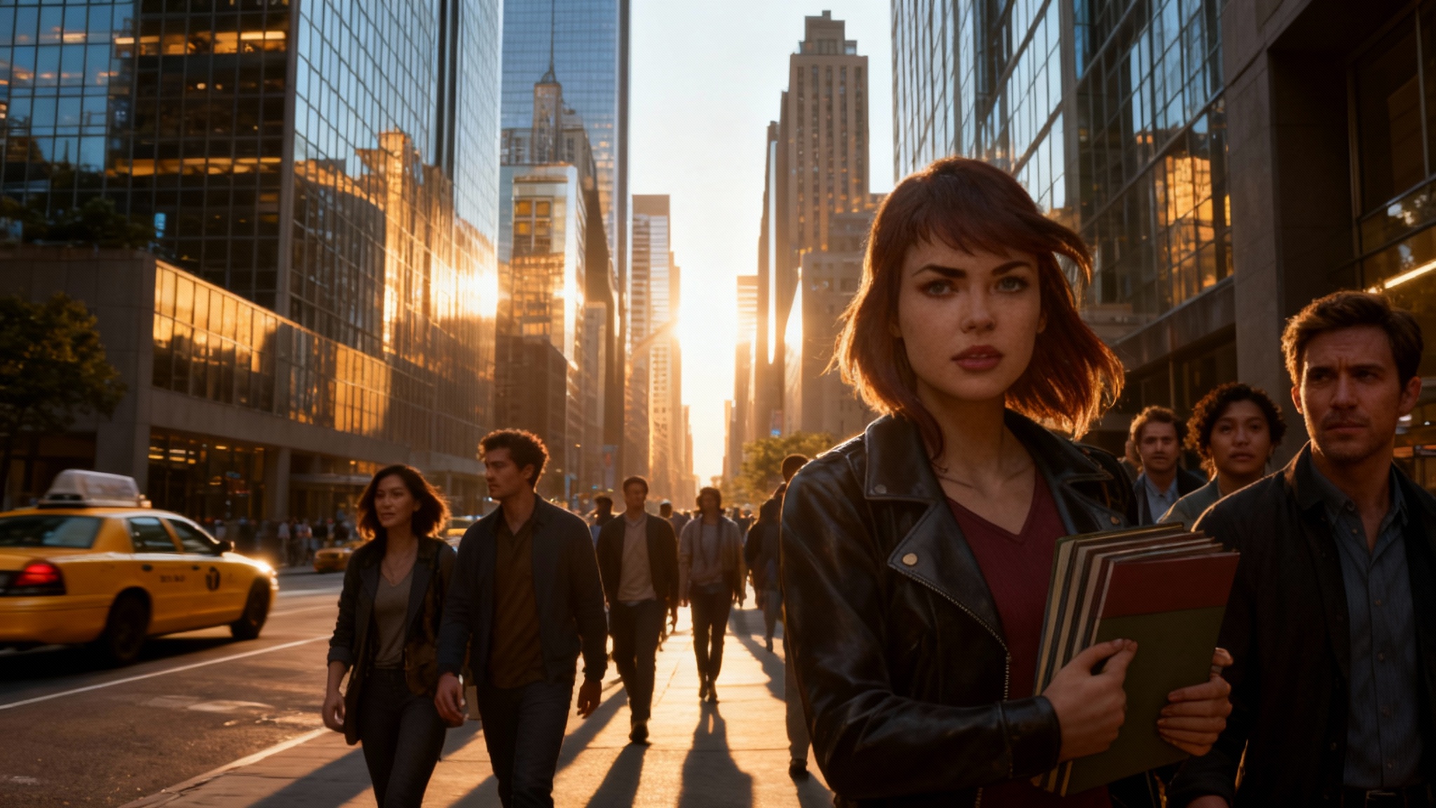 A hyperrealistic photo of a busy city street, transformed from a comic art style. Diverse people walk in the foreground while towering skyscrapers fill the background, all illuminated by the warm, golden light of sunset, creating realistic shadows and reflections.