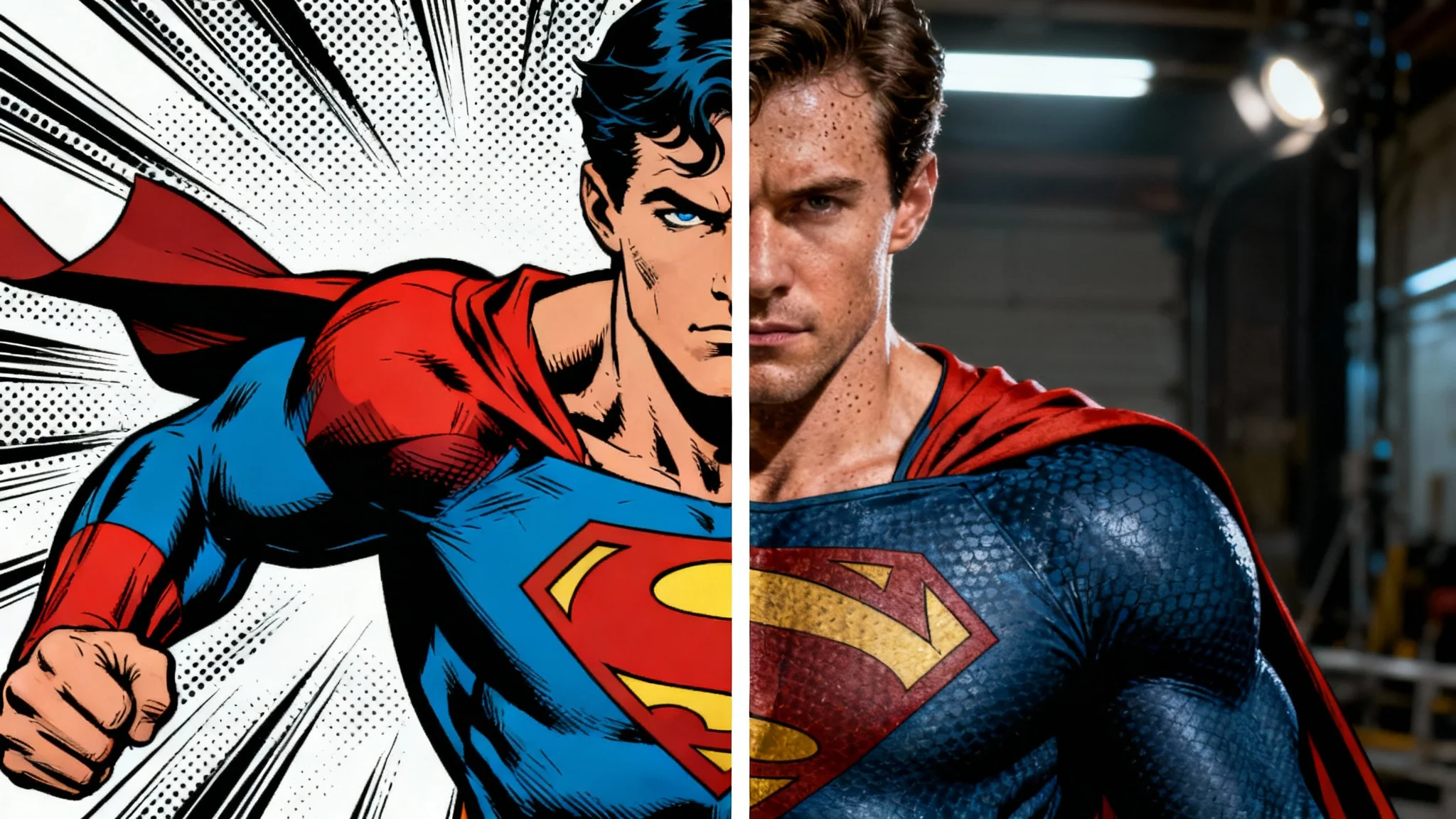 A split-screen image demonstrating a transformation. The left half shows a superhero in a classic comic book art style, and the right half shows the same superhero as a hyper-realistic photograph, against a white background.