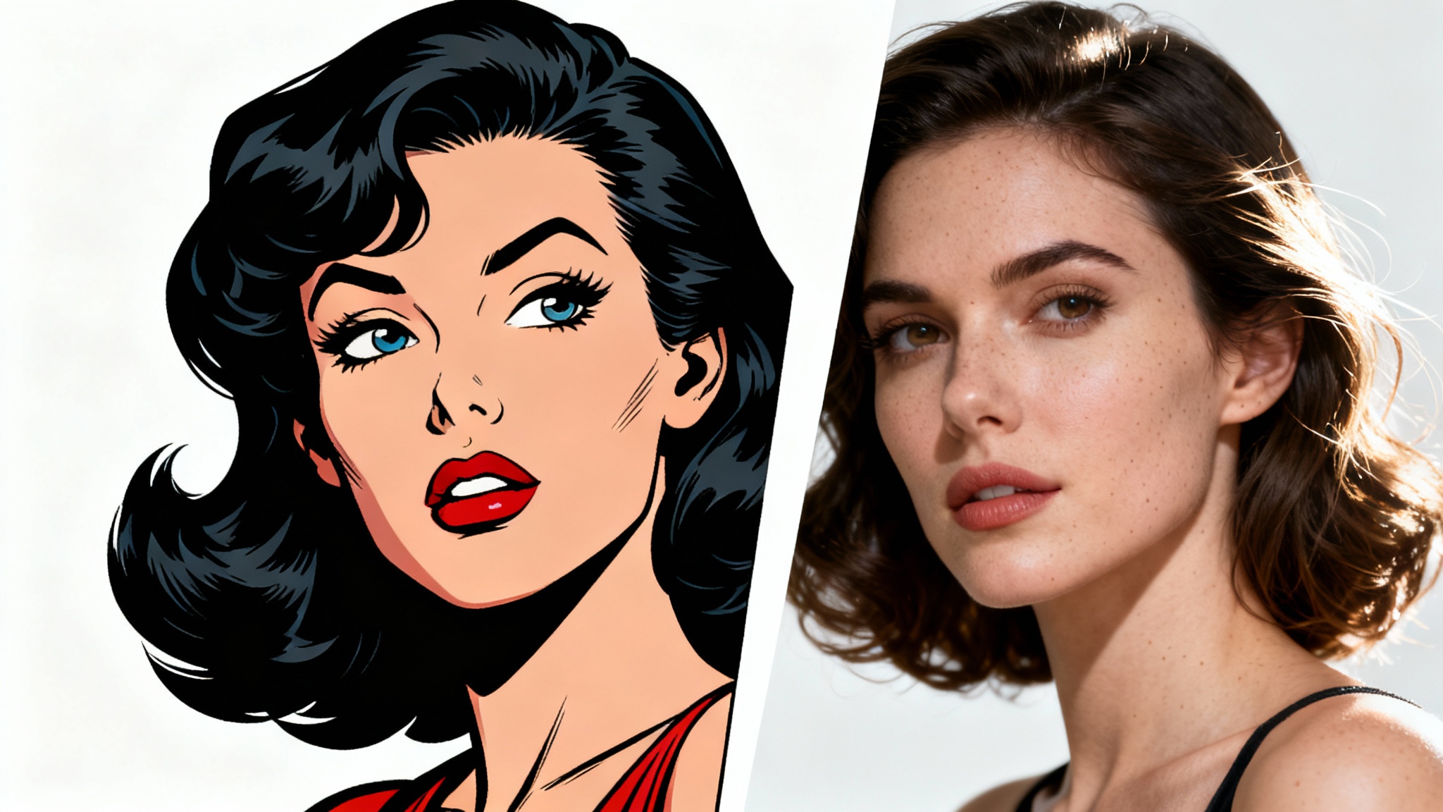 A split-screen image showing the transformation of a woman's portrait from a comic book drawing on the left to a hyperrealistic photograph on the right, against a white background.