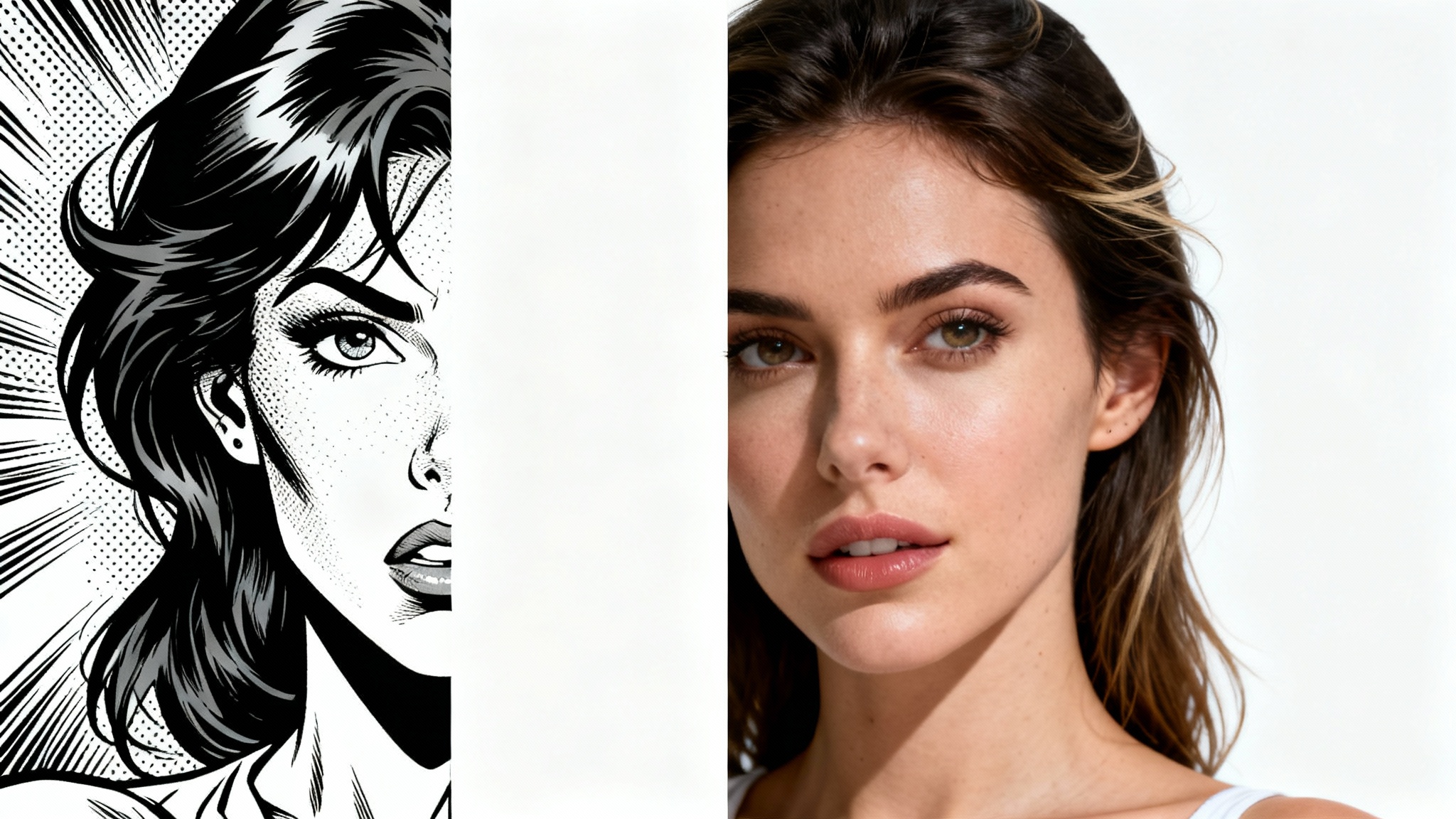 A split image showing the transformation of a comic book style portrait of a woman into a realistic photograph, against a white background.