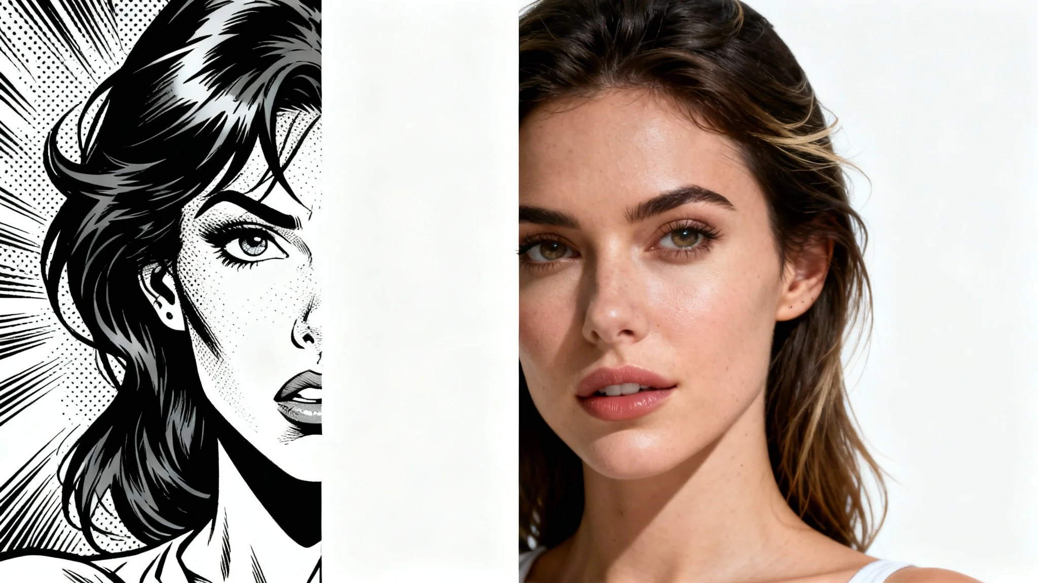 A split image showing the transformation of a comic book style portrait of a woman into a realistic photograph, against a white background.