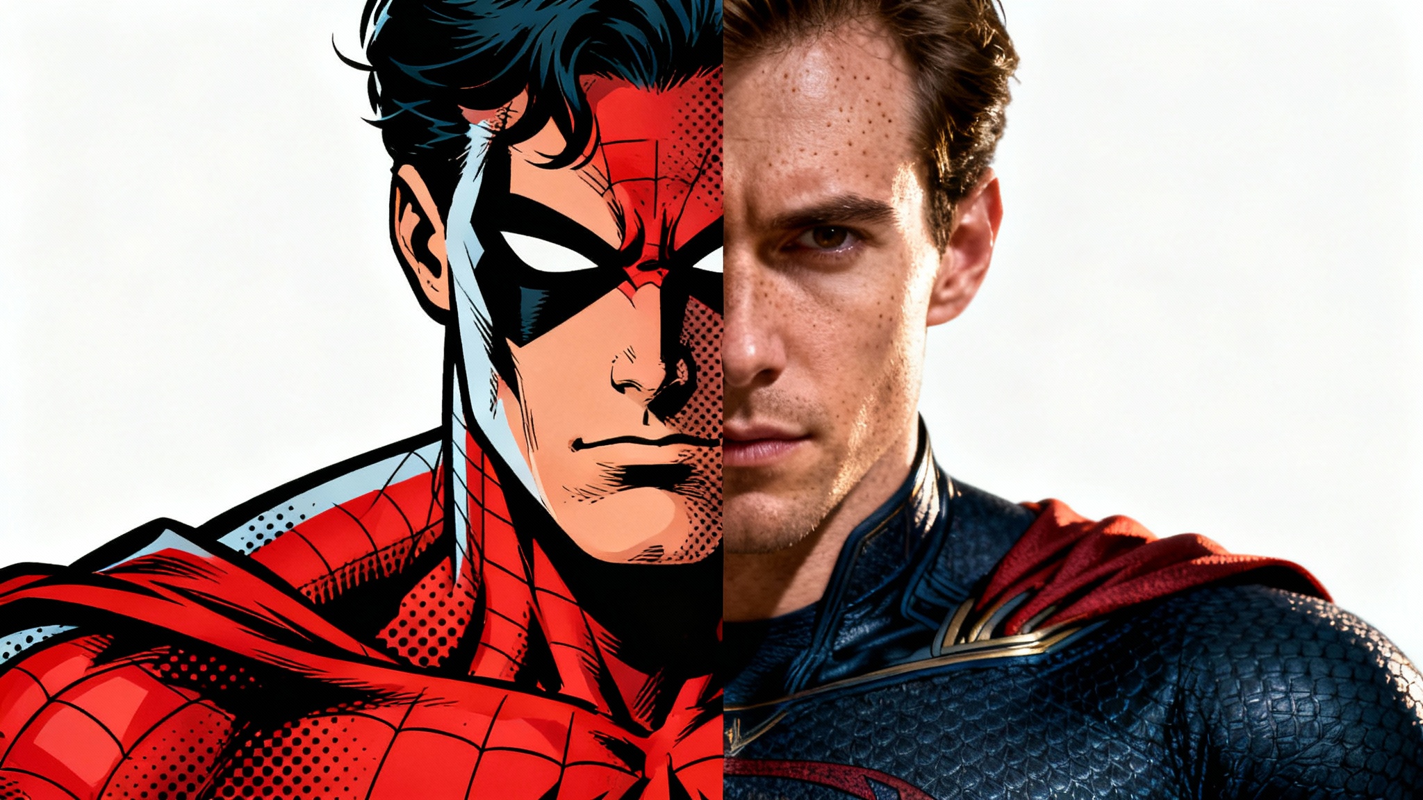 A split image showing a superhero. The left half is in a classic comic book style, and the right half is a photorealistic version of the same character, demonstrating a transformation from illustration to photo.