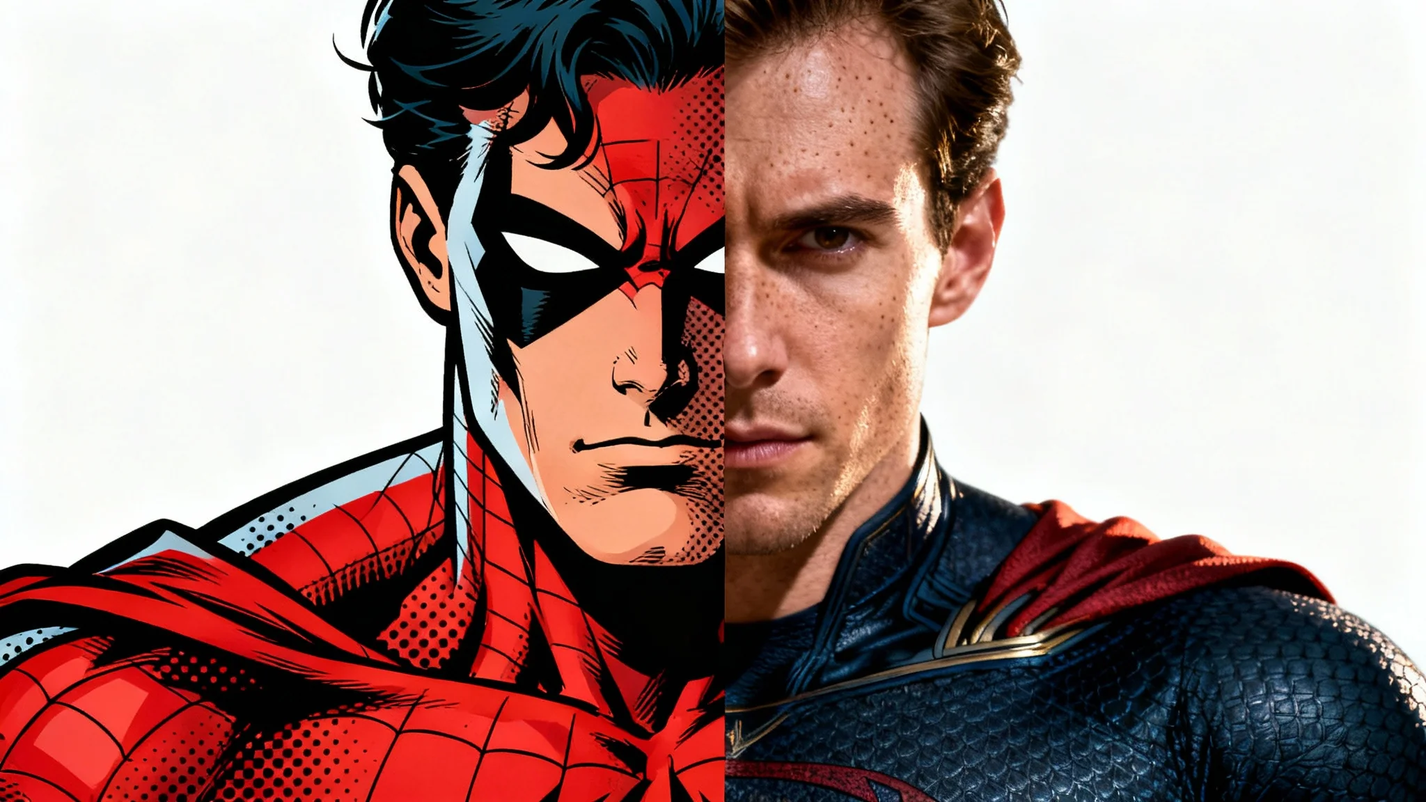 A split image showing a superhero. The left half is in a classic comic book style, and the right half is a photorealistic version of the same character, demonstrating a transformation from illustration to photo.