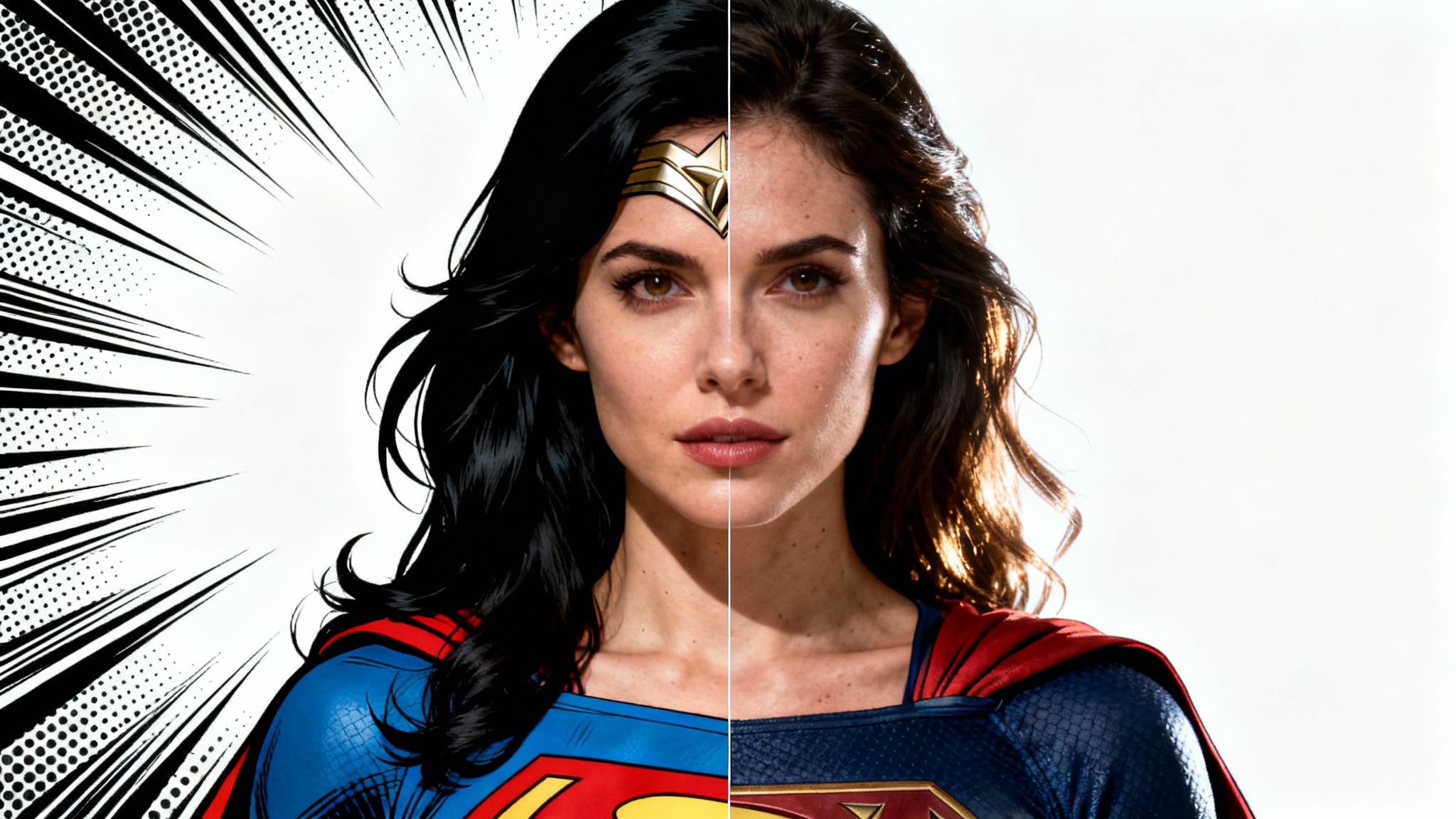 A split image demonstrating a transformation from comic art to photography. The left side shows a superheroine in a classic comic book style, and the right side shows the same character as a hyperrealistic photograph, against a clean white background.