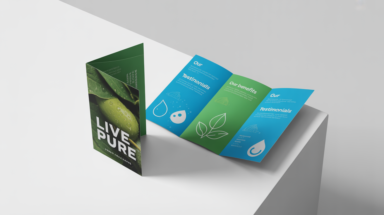 A professionally designed tri-fold brochure for an eco-friendly product, displayed on a clean white background. One brochure is open to show the green and blue inner design, while another stands to show the cover.