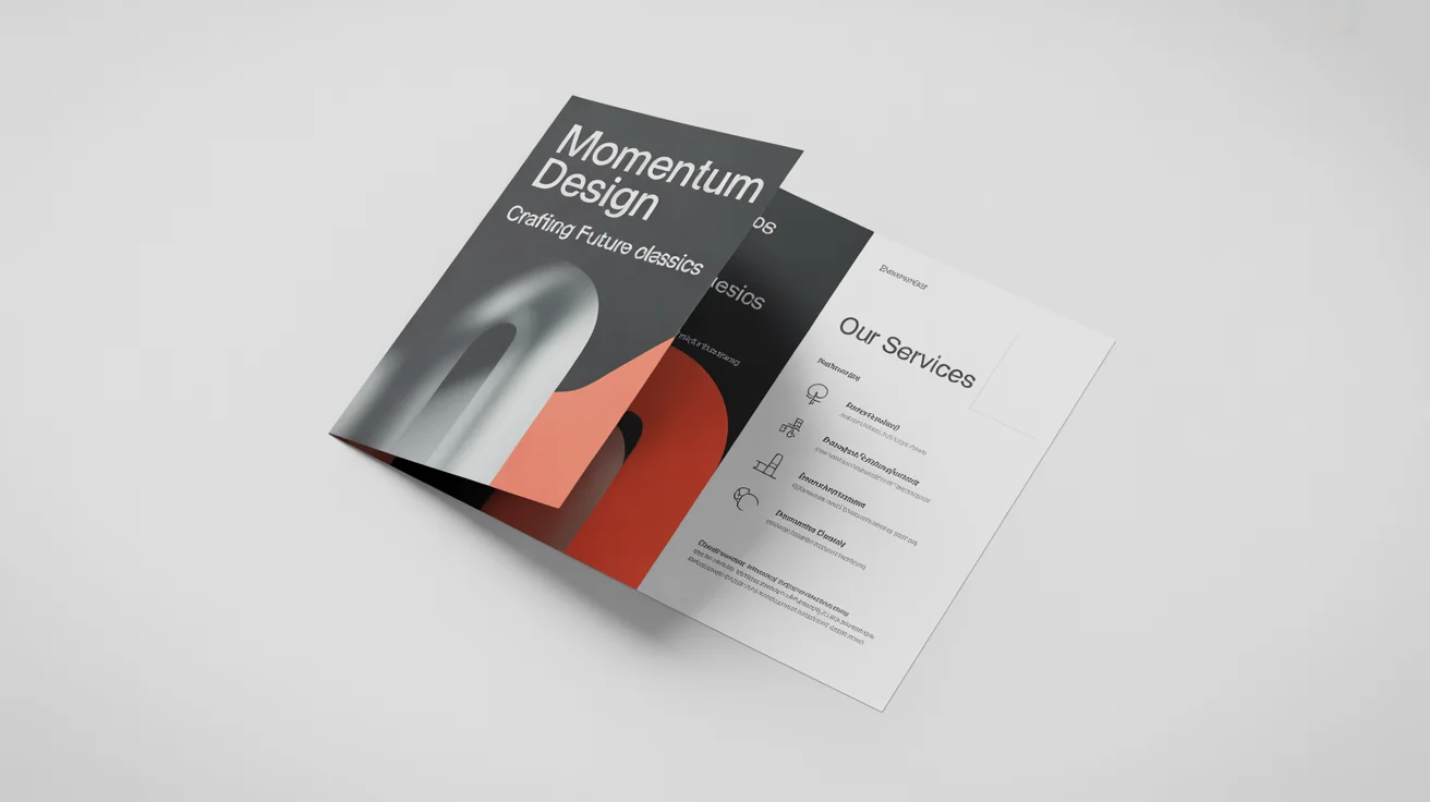 A photorealistic mockup of a modern, charcoal gray and coral tri-fold brochure for 'Momentum Design' standing partially open on a clean white background.