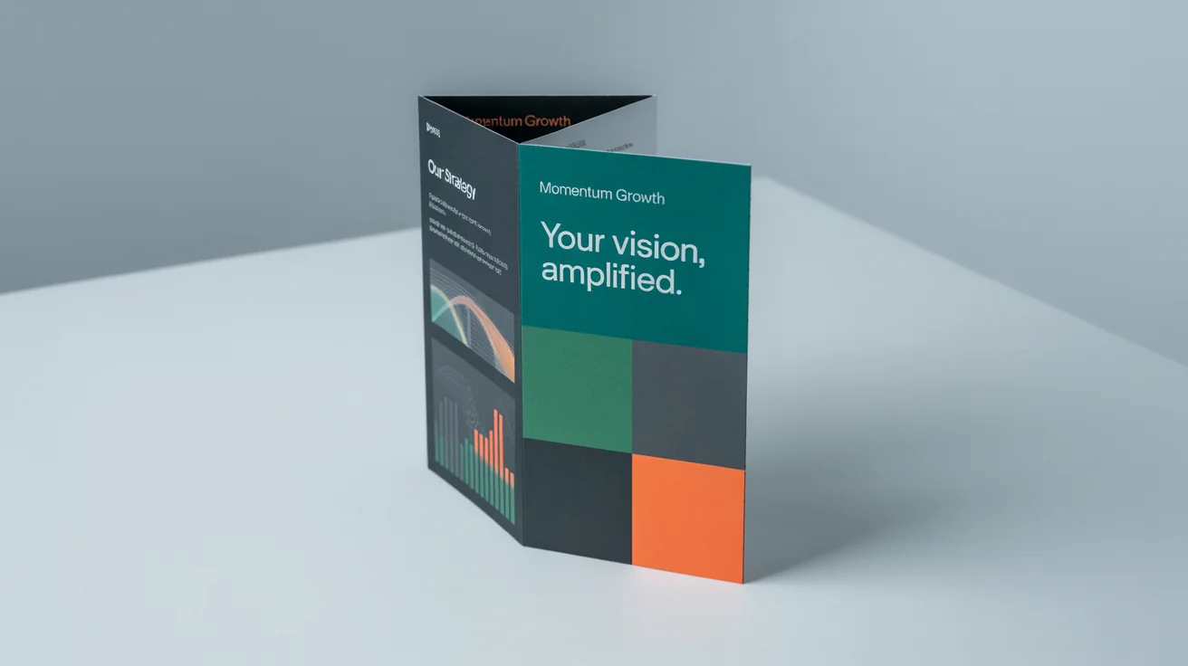 A photorealistic mockup of a modern tri-fold brochure for a marketing firm, standing open on a clean white background to showcase its professional design and layout.