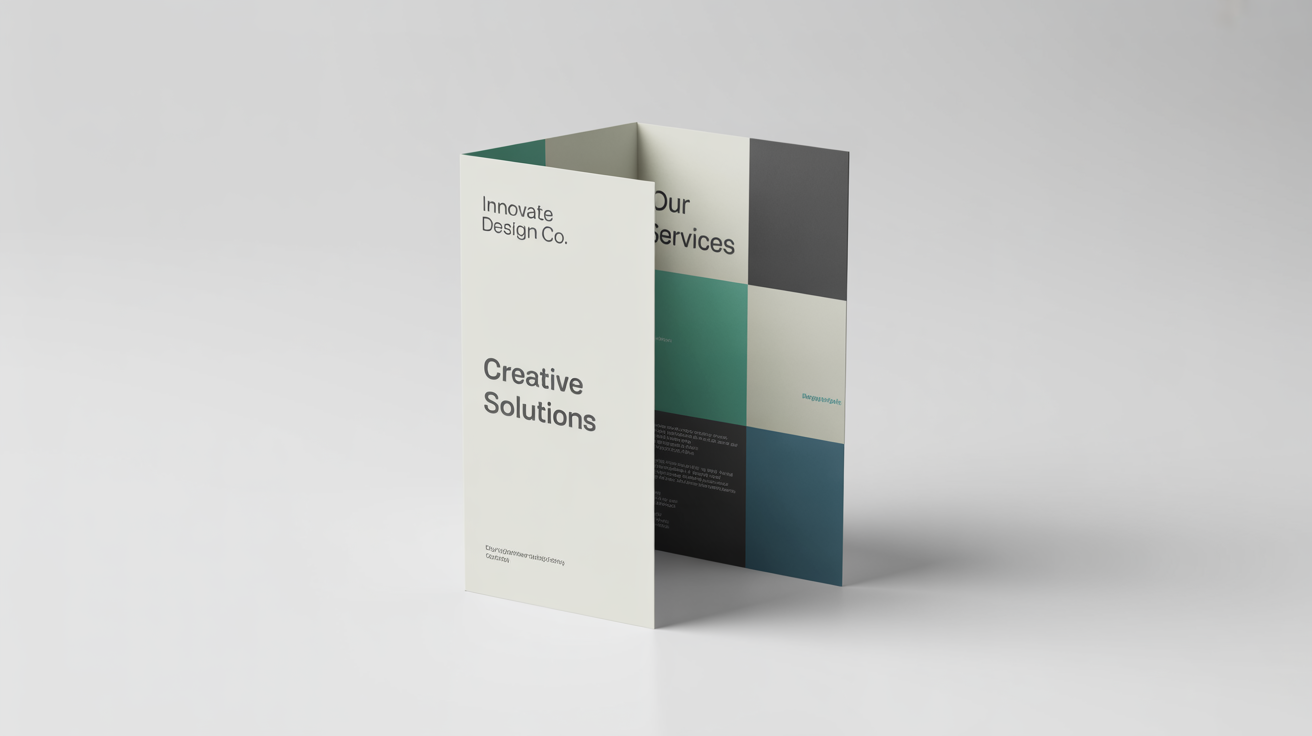 A mockup of a modern, professional tri-fold brochure for 'Innovate Design Co.', shown standing on a white background.